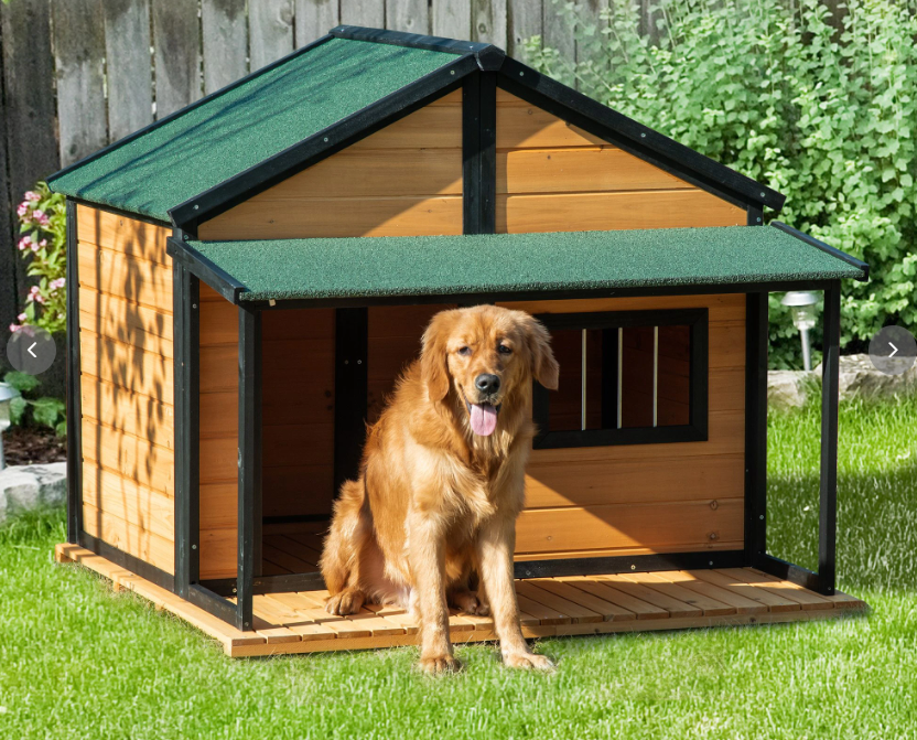 Outdoor Dog House Cabin Style, Wooden Raised Pet Kennel with Asphalt Roof, Front Door, Side Window, Porch for Medium/ Large Dogs, Loading 53 Lbs. , Yellow